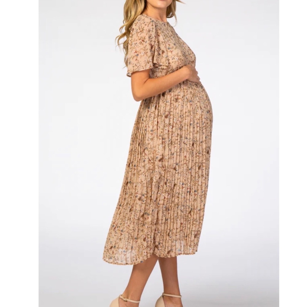 PinkBlush Floral Pleated Short Sleeve Chiffon Maternity Midi Dress